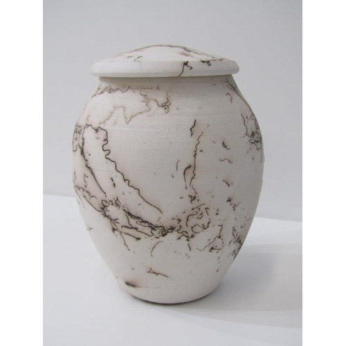 2 - STUDIO POTTERY, Raku glazed decanter bottle together with 15cm lidded Studio Pottery jar