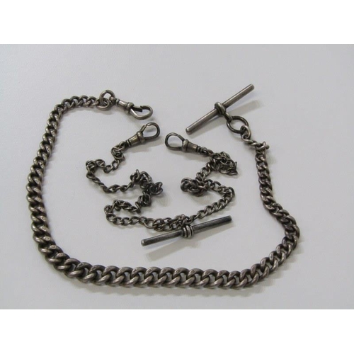 202 - SILVER ALBERTS, large silver Albert on curb link chain, 33cm, together with a silver double Albert c... 