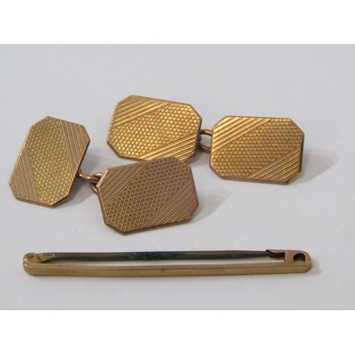 240 - GOLD CUFF LINKS, pair of 9ct gold cuff links with engine turned decoration, together with a 9ct gold... 