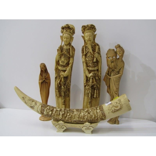 26 - IVORINE, pair of figures of Chinese courtiers, a decorative replica tusk & 3 other pieces