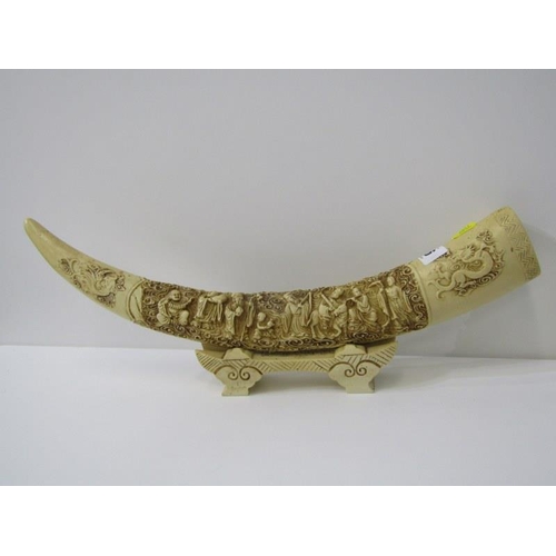 26 - IVORINE, pair of figures of Chinese courtiers, a decorative replica tusk & 3 other pieces