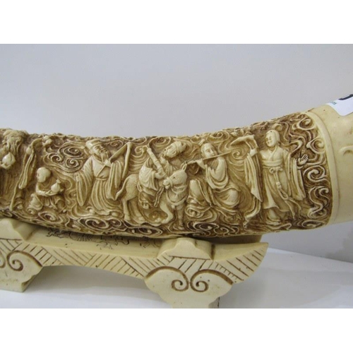 26 - IVORINE, pair of figures of Chinese courtiers, a decorative replica tusk & 3 other pieces