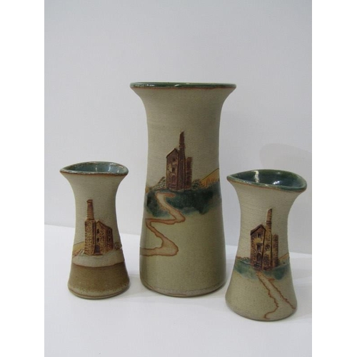 28 - CORNISH STUDIO POTTERY, 3 Cornish tin mine relief decorated vases, 25cm height