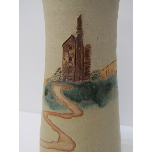 28 - CORNISH STUDIO POTTERY, 3 Cornish tin mine relief decorated vases, 25cm height