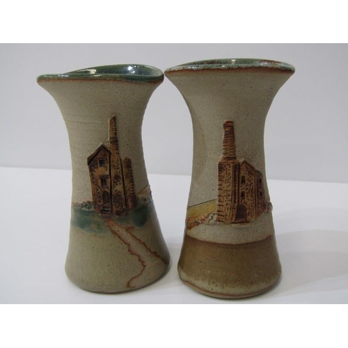 28 - CORNISH STUDIO POTTERY, 3 Cornish tin mine relief decorated vases, 25cm height