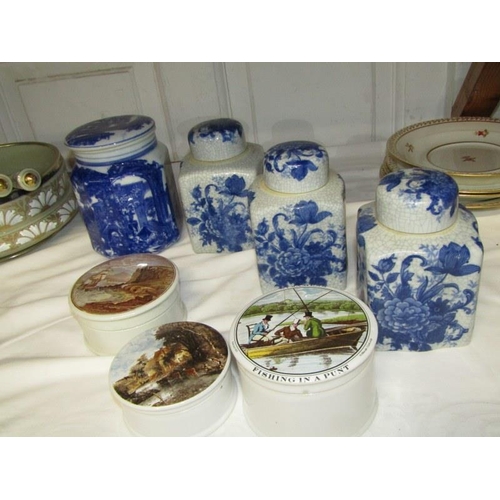 31 - POT LIDS, 3 replica pot lids together with a set of 3 flow blue lidded jars & 1 other