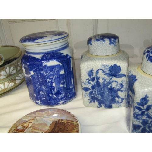 31 - POT LIDS, 3 replica pot lids together with a set of 3 flow blue lidded jars & 1 other