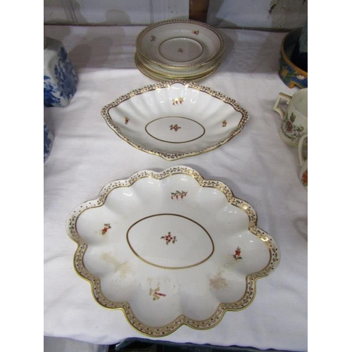 32 - DERBY PORCELAIN, collection of gilt foliate bordered dessert ware including oval fluted dish