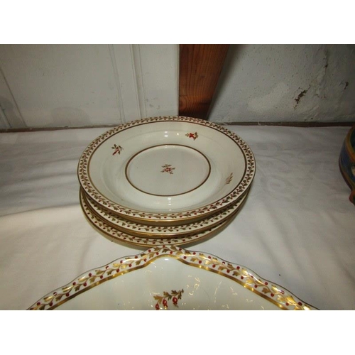 32 - DERBY PORCELAIN, collection of gilt foliate bordered dessert ware including oval fluted dish