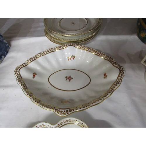 32 - DERBY PORCELAIN, collection of gilt foliate bordered dessert ware including oval fluted dish