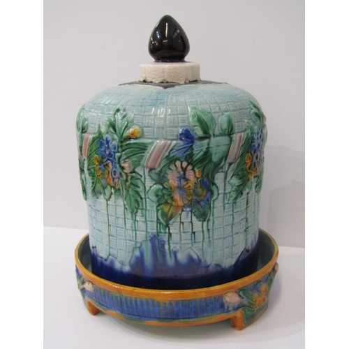 33 - MAJOLICA, a replica Majolica floral domed cheese dish & stand, 31cm height