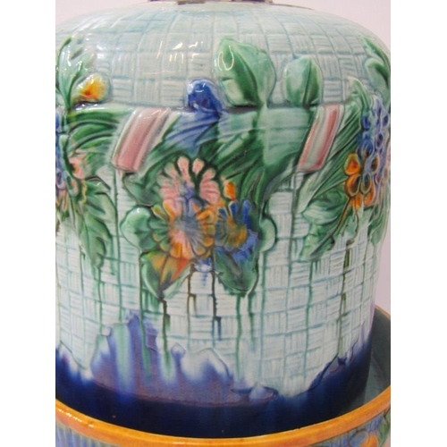 33 - MAJOLICA, a replica Majolica floral domed cheese dish & stand, 31cm height