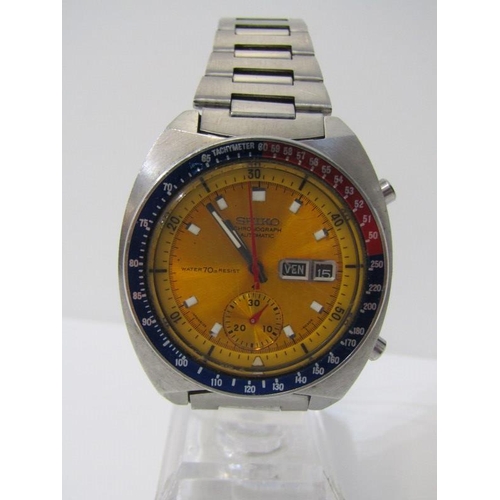 358 - GENTS SEIKO WRISTWATCH, Seiko chronograph automatic with yellow dial and blue and red bezel