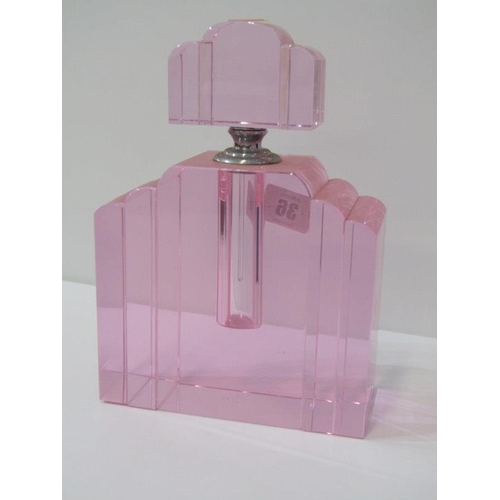 36 - SCENT BOTTLE, an impressive pink glass & chrome collared table top display scent bottle, 22cm height