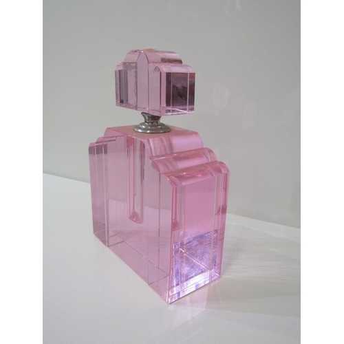 36 - SCENT BOTTLE, an impressive pink glass & chrome collared table top display scent bottle, 22cm height