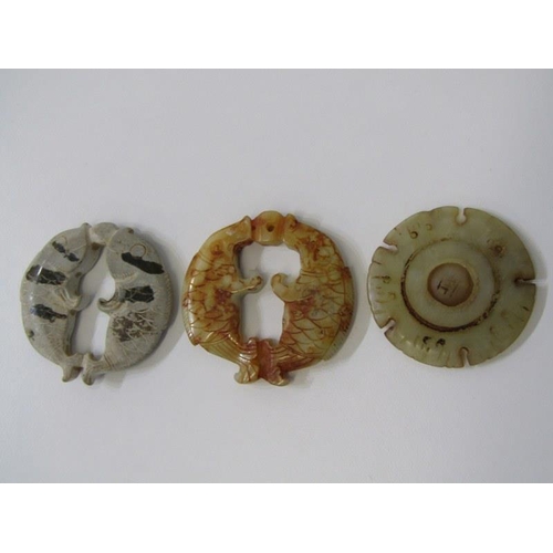 364 - ORIENTAL PENDANTS, 3 assorted carved stone Oriental pendants, 5-6cm diameter