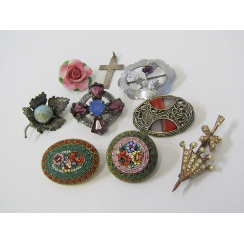 366 - MICROMOSAIC, 2 micromosiac bar brooches plus other stone set bar brooches and a silver cross