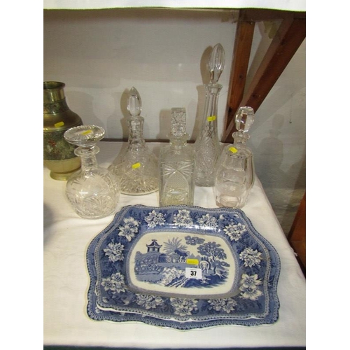 37 - DECANTERS, bird etched octagonal decanter with stopper together with 4 other cut glass decanters & 2... 