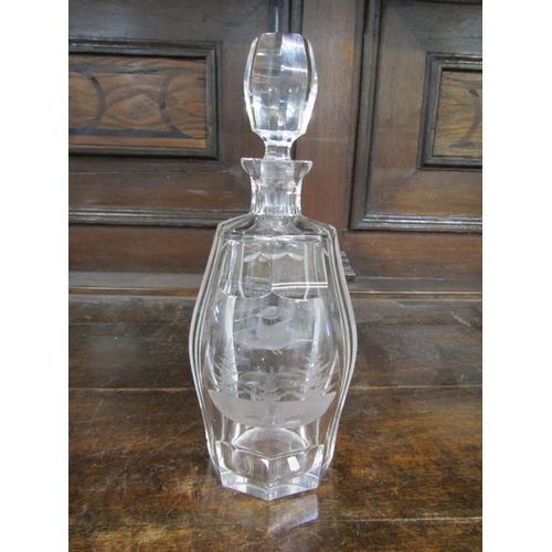 37 - DECANTERS, bird etched octagonal decanter with stopper together with 4 other cut glass decanters & 2... 