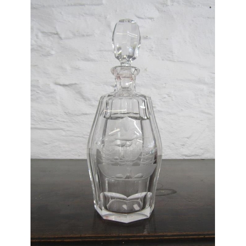 37 - DECANTERS, bird etched octagonal decanter with stopper together with 4 other cut glass decanters & 2... 