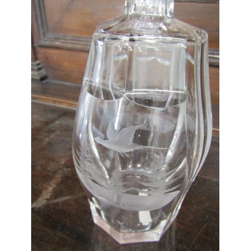 37 - DECANTERS, bird etched octagonal decanter with stopper together with 4 other cut glass decanters & 2... 