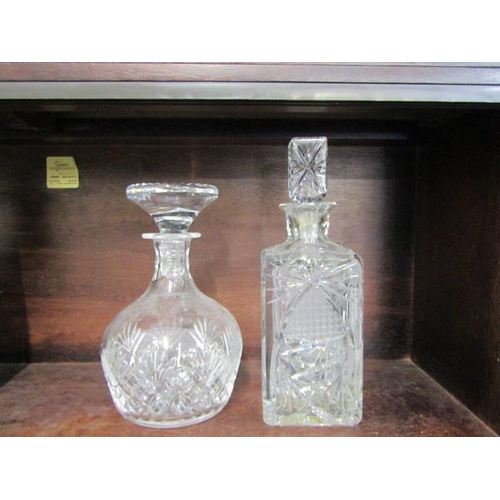 37 - DECANTERS, bird etched octagonal decanter with stopper together with 4 other cut glass decanters & 2... 