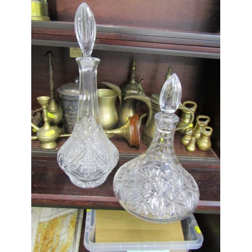 37 - DECANTERS, bird etched octagonal decanter with stopper together with 4 other cut glass decanters & 2... 