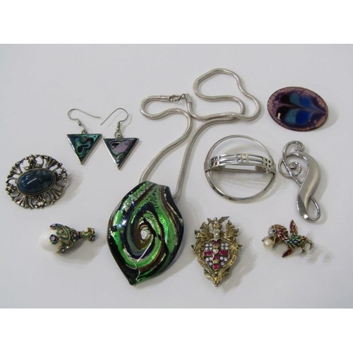 372 - COSTUME JEWELLERY, silver bar brooches Paua shell earrings, Faberge style egg pendant on chain