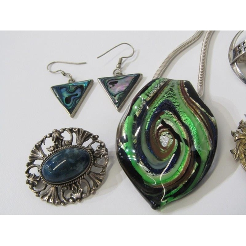 372 - COSTUME JEWELLERY, silver bar brooches Paua shell earrings, Faberge style egg pendant on chain