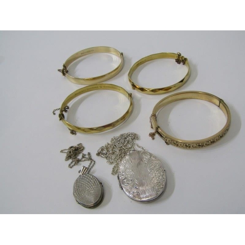 376 - SILVER & PLATED JEWELLERY, silver lockets on chain, together with a collection of 4 gold plated hing... 