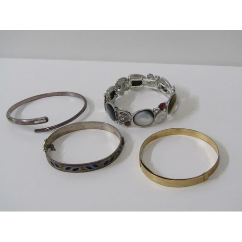 378 - COSTUME JEWELLERY, hinged silver bangle and stone set silver bangle, stone set bracelet and plated b... 