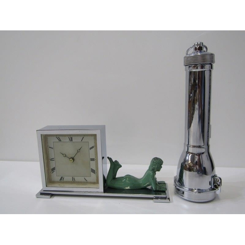 38 - ART DECO, chrome mantel clock, decorated with painted nude girl figure also Ceag Universal torch