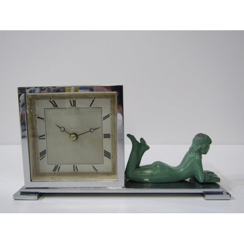 38 - ART DECO, chrome mantel clock, decorated with painted nude girl figure also Ceag Universal torch