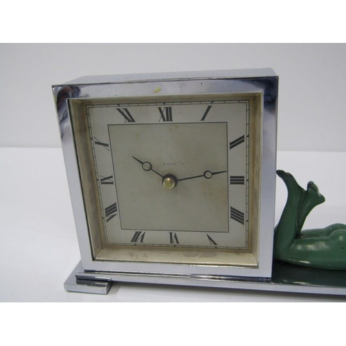 38 - ART DECO, chrome mantel clock, decorated with painted nude girl figure also Ceag Universal torch