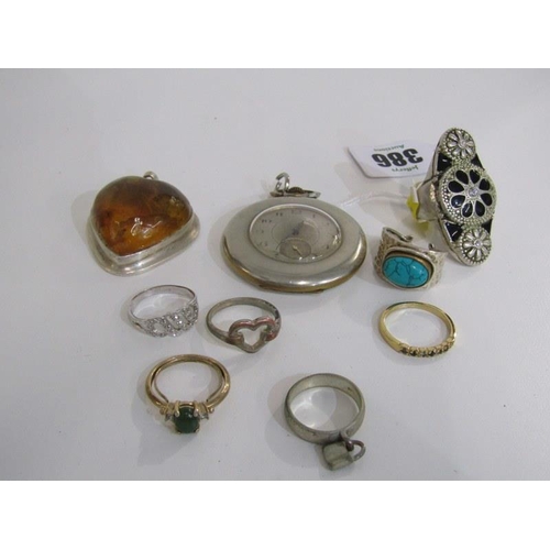 386 - COSTUME JEWELLERY, selection of white and gilt metal costume rings x 6, various sizes, a heart shape... 