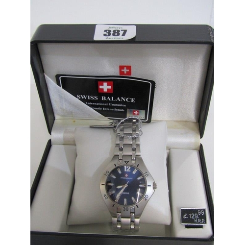 387 - BOXED GENT'S WRIST WATCH,  Swiss Balance gent's wrist watch in fitted case with certificate