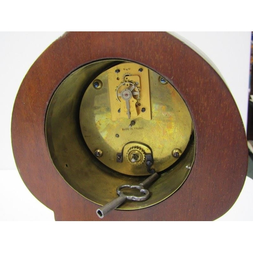 39 - ART NOUVEAU, a marquetry mahogany mantel clock with key, 27cm height