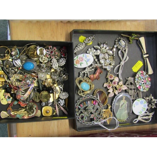 393A - COSTUME JEWELLERY, 2 boxes of assorted bar brooches, clip earrings, other earrings, etc