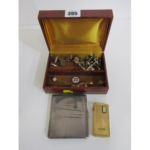 395 - ASSORTED CUFF LINKS, tie pins, enamel badges, plated cigarette lighter and cigarette case