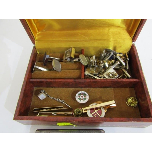 395 - ASSORTED CUFF LINKS, tie pins, enamel badges, plated cigarette lighter and cigarette case