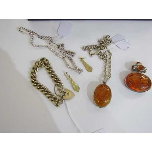 396 - AMBER JEWELLERY, silver and amber pendant on curb link silver chain, also 1 other amber pendant, a s... 