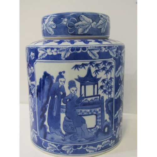 4 - ORIENTAL CERAMICS, a modern Chinese under glazed blue lidded cylindrical jar 21cm height; also a mod... 