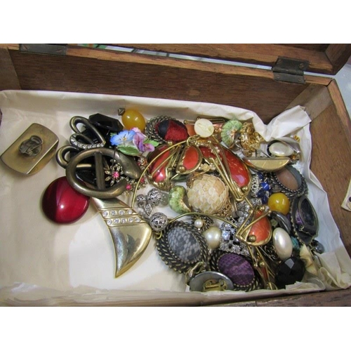 402 - BOX OF COSTUME JEWELLERY, including various brooches, clip earrings, necklace, etc, all in box