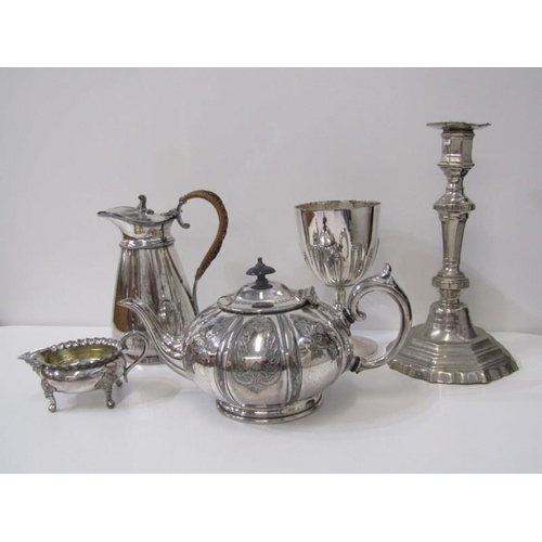 42 - SILVERPLATE, Victorian plated goblet, Georgian design chrome candlestick & other plated ware