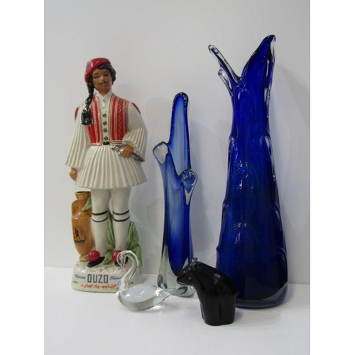 45 - ADVERTISING, Ouzo Greek figure advertising decanter, 2 retro blue glass tall vases & 2 animal paperw... 