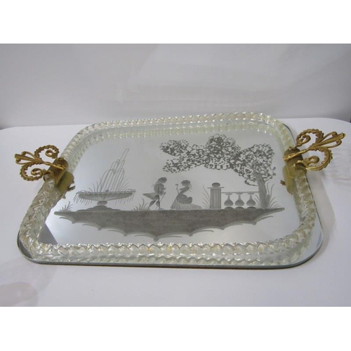 48 - GLASSWARE, Venetian-style glass tray etched scene of courting couple with gilt metal handles, 49cm w... 