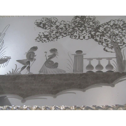 48 - GLASSWARE, Venetian-style glass tray etched scene of courting couple with gilt metal handles, 49cm w... 