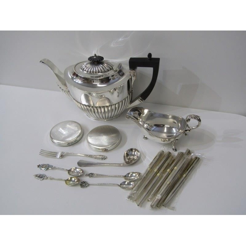 485 - SILVERPLATE, Georgian design plated sauce boat, Victorian teapot, cutlery and new pens etc
