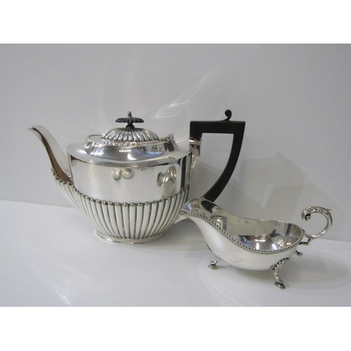 485 - SILVERPLATE, Georgian design plated sauce boat, Victorian teapot, cutlery and new pens etc