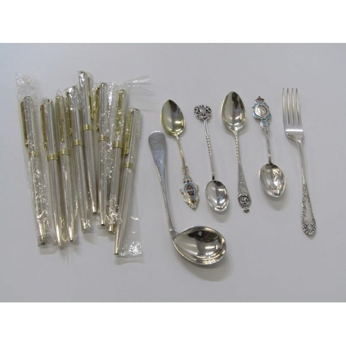 485 - SILVERPLATE, Georgian design plated sauce boat, Victorian teapot, cutlery and new pens etc